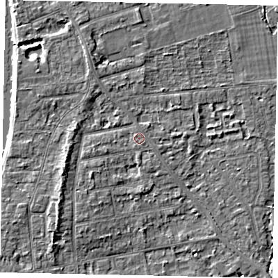 Shaded relief map of the ground around TW182NT, computed from Environment Agency LiDAR. The ground here sits at about 15 m above sea level and falls 5 m across the surrounding 800 m. Surface water reaching this point runs off ground lying to the west-south-west, 3.4 m higher.