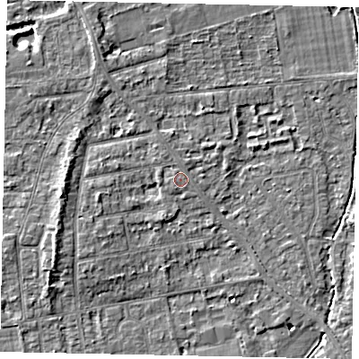 Shaded relief map of the ground around TW182NU, computed from Environment Agency LiDAR. The ground here sits at about 15 m above sea level and falls 5 m across the surrounding 800 m. The ground contributing surface water to this point lies to the north-north-west.