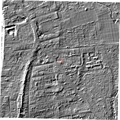 Shaded relief map of the ground around TW182NW, computed from Environment Agency LiDAR. The ground here sits at about 14 m above sea level and falls 5 m across the surrounding 800 m. Surface water reaching this point runs off ground lying to the south-south-east, 1.1 m higher.