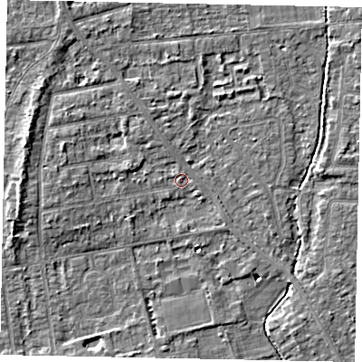 Shaded relief map of the ground around TW182NX, computed from Environment Agency LiDAR. The ground here sits at about 14 m above sea level and falls 5 m across the surrounding 800 m. Surface water reaching this point runs off ground lying to the west-north-west, 3.6 m higher.