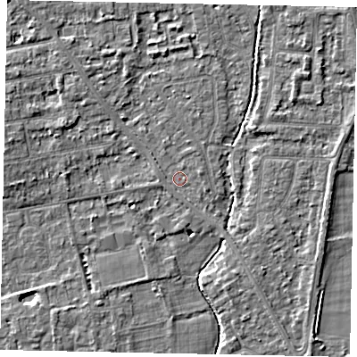 Shaded relief map of the ground around TW182NY, computed from Environment Agency LiDAR. The ground here sits at about 14 m above sea level and falls 4 m across the surrounding 800 m. Surface water reaching this point runs off ground lying to the east-north-east, 0.7 m higher.