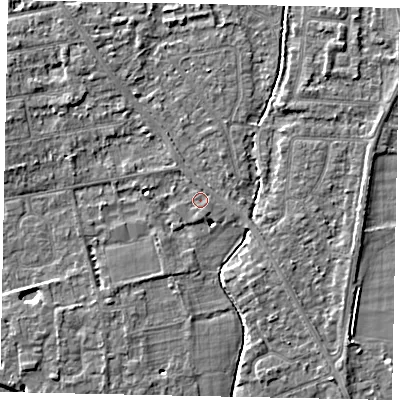 Shaded relief map of the ground around TW182PA, computed from Environment Agency LiDAR. The ground here sits at about 14 m above sea level and falls 4 m across the surrounding 800 m. Surface water reaching this point runs off ground lying to the north, 0.7 m higher.