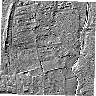 Shaded relief map of the ground around TW182PD, computed from Environment Agency LiDAR. The ground here sits at about 14 m above sea level and falls 5 m across the surrounding 800 m. Surface water reaching this point runs off ground lying to the west-north-west, 4.4 m higher.