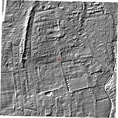 Shaded relief map of the ground around TW182PE, computed from Environment Agency LiDAR. The ground here sits at about 14 m above sea level and falls 5 m across the surrounding 800 m. Surface water reaching this point runs off ground lying to the west-north-west, 4.5 m higher.