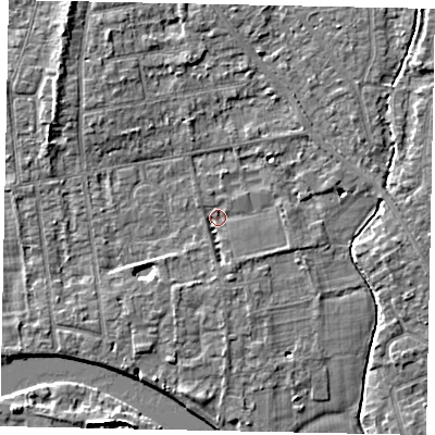 Shaded relief map of the ground around TW182PF, computed from Environment Agency LiDAR. The ground here sits at about 14 m above sea level and falls 5 m across the surrounding 800 m. Surface water reaching this point runs off ground lying to the south-south-east, 1.7 m higher.