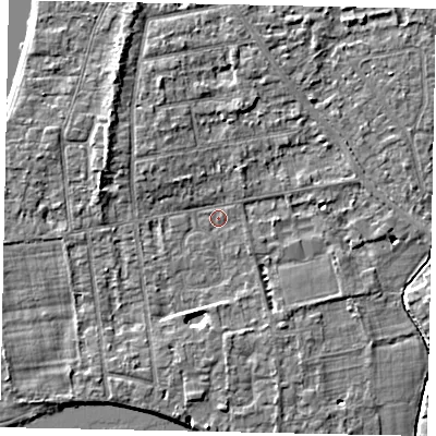 Shaded relief map of the ground around TW182PG, computed from Environment Agency LiDAR. The ground here sits at about 14 m above sea level and falls 5 m across the surrounding 800 m. Surface water reaching this point runs off ground lying to the west-north-west, 3.5 m higher.