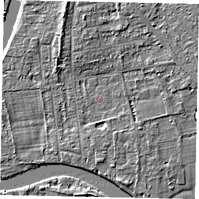 Shaded relief map of the ground around TW182PH, computed from Environment Agency LiDAR. The ground here sits at about 14 m above sea level and falls 5 m across the surrounding 800 m. The ground contributing surface water to this point lies to the north-east.