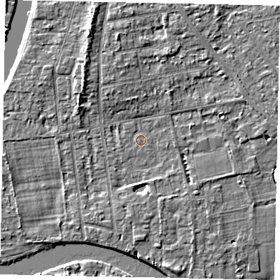 Shaded relief map of the ground around TW182PJ, computed from Environment Agency LiDAR. The ground here sits at about 14 m above sea level and falls 5 m across the surrounding 800 m. Surface water reaching this point runs off ground lying to the south, 2.9 m higher.