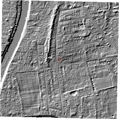 Shaded relief map of the ground around TW182PL, computed from Environment Agency LiDAR. The ground here sits at about 14 m above sea level and falls 5 m across the surrounding 800 m. Surface water reaching this point runs off ground lying to the north-west, 2.5 m higher.