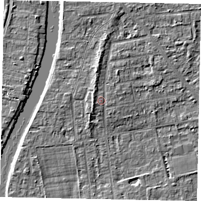 Shaded relief map of the ground around TW182PN, computed from Environment Agency LiDAR. The ground here sits at about 16 m above sea level and falls 5 m across the surrounding 800 m. Surface water reaching this point runs off ground lying to the south-west, 0.8 m higher.