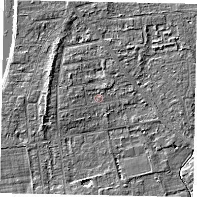 Shaded relief map of the ground around TW182PP, computed from Environment Agency LiDAR. The ground here sits at about 14 m above sea level and falls 5 m across the surrounding 800 m. Surface water reaching this point runs off ground lying to the west-north-west, 1.4 m higher.