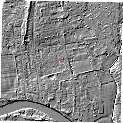 Shaded relief map of the ground around TW182PQ, computed from Environment Agency LiDAR. The ground here sits at about 14 m above sea level and falls 5 m across the surrounding 800 m. Surface water reaching this point runs off ground lying to the south-south-west, 2.9 m higher.