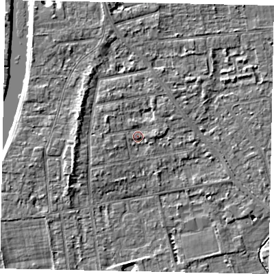 Shaded relief map of the ground around TW182PR, computed from Environment Agency LiDAR. The ground here sits at about 15 m above sea level and falls 5 m across the surrounding 800 m. Surface water reaching this point runs off ground lying to the west-north-west, 1.4 m higher.