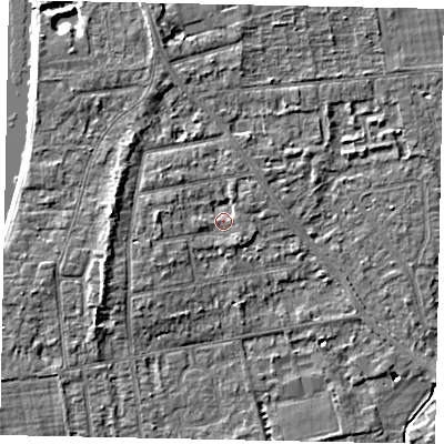 Shaded relief map of the ground around TW182PS, computed from Environment Agency LiDAR. The ground here sits at about 15 m above sea level and falls 5 m across the surrounding 800 m. Surface water reaching this point runs off ground lying to the west, 1.2 m higher.