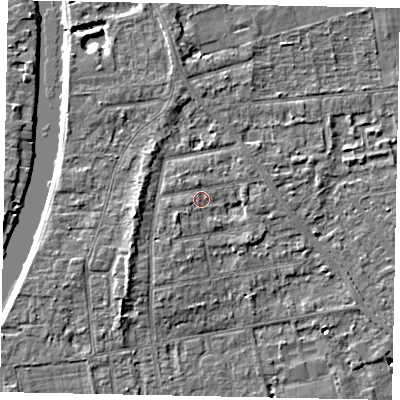 Shaded relief map of the ground around TW182PU, computed from Environment Agency LiDAR. The ground here sits at about 15 m above sea level and falls 5 m across the surrounding 800 m. Surface water reaching this point runs off ground lying to the west-south-west, 0.7 m higher.