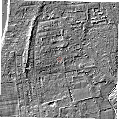 Shaded relief map of the ground around TW182PW, computed from Environment Agency LiDAR. The ground here sits at about 14 m above sea level and falls 5 m across the surrounding 800 m. Surface water reaching this point runs off ground lying to the west, 1.7 m higher.