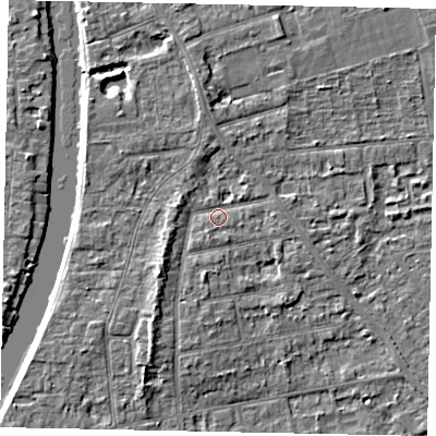 Shaded relief map of the ground around TW182PX, computed from Environment Agency LiDAR. The ground here sits at about 15 m above sea level and falls 4 m across the surrounding 800 m. Surface water reaching this point runs off ground lying to the south-west, 3.4 m higher.
