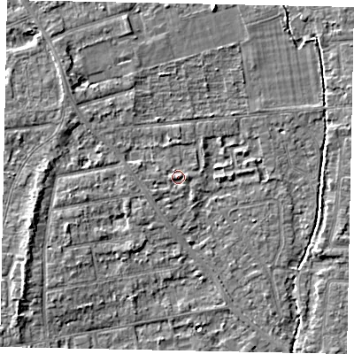 Shaded relief map of the ground around TW182QA, computed from Environment Agency LiDAR. The ground here sits at about 15 m above sea level and falls 5 m across the surrounding 800 m. Surface water reaching this point runs off ground lying to the south-south-west, 0.9 m higher.
