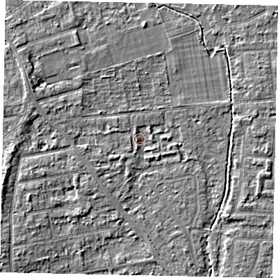 Shaded relief map of the ground around TW182QB, computed from Environment Agency LiDAR. The ground here sits at about 14 m above sea level and falls 4 m across the surrounding 800 m. Surface water reaching this point runs off ground lying to the south-west, 1.3 m higher.
