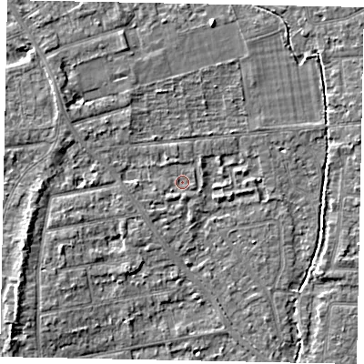 Shaded relief map of the ground around TW182QD, computed from Environment Agency LiDAR. The ground here sits at about 14 m above sea level and falls 5 m across the surrounding 800 m. Surface water reaching this point runs off ground lying to the south-south-west, 0.9 m higher.