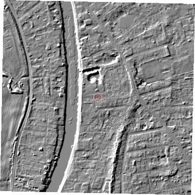 Shaded relief map of the ground around TW182QE, computed from Environment Agency LiDAR. The ground here sits at about 15 m above sea level and falls 4 m across the surrounding 800 m. Surface water reaching this point runs off ground lying to the south, 0.6 m higher.