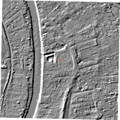 Shaded relief map of the ground around TW182QF, computed from Environment Agency LiDAR. The ground here sits at about 15 m above sea level and falls 4 m across the surrounding 800 m. Surface water reaching this point runs off ground lying to the east, 1.3 m higher.