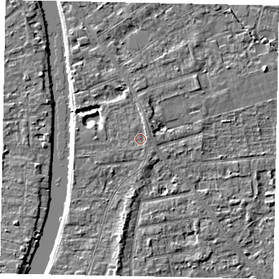 Shaded relief map of the ground around TW182QG, computed from Environment Agency LiDAR. The ground here sits at about 15 m above sea level and falls 4 m across the surrounding 800 m. Surface water reaching this point runs off ground lying to the north-north-east, 1.1 m higher.