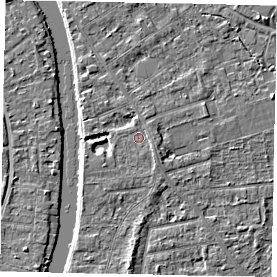 Shaded relief map of the ground around TW182QH, computed from Environment Agency LiDAR. The ground here sits at about 15 m above sea level and falls 5 m across the surrounding 800 m. Surface water reaching this point runs off ground lying to the south-east, 1.2 m higher.