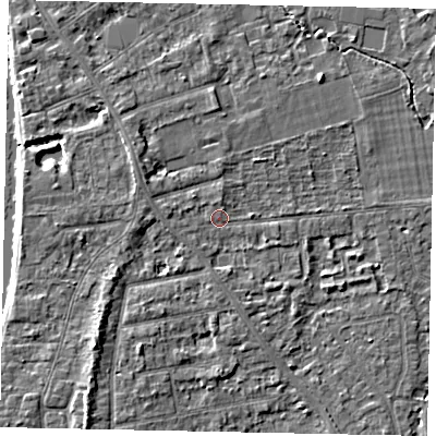 Shaded relief map of the ground around TW182QJ, computed from Environment Agency LiDAR. The ground here sits at about 15 m above sea level and falls 4 m across the surrounding 800 m. Surface water reaching this point runs off ground lying to the north-west, 2.1 m higher.