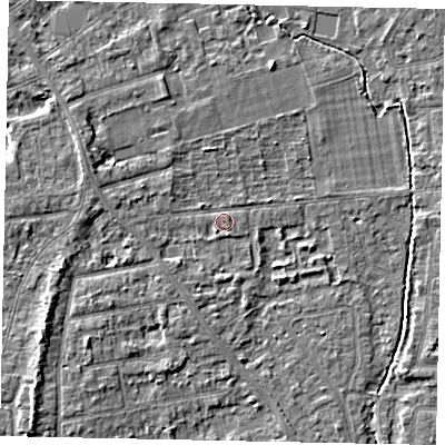 Shaded relief map of the ground around TW182QL, computed from Environment Agency LiDAR. The ground here sits at about 15 m above sea level and falls 4 m across the surrounding 800 m. Surface water reaching this point runs off ground lying to the west-north-west, 2.1 m higher.