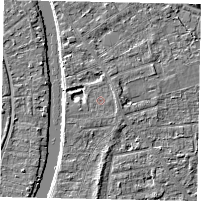Shaded relief map of the ground around TW182QQ, computed from Environment Agency LiDAR. The ground here sits at about 15 m above sea level and falls 4 m across the surrounding 800 m. Surface water reaching this point runs off ground lying to the east, 1.2 m higher.