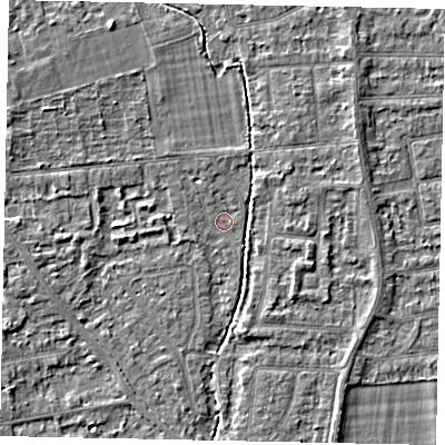 Shaded relief map of the ground around TW182QR, computed from Environment Agency LiDAR. The ground here sits at about 14 m above sea level and falls 3 m across the surrounding 800 m. Surface water reaching this point runs off ground lying to the north-west, 1.3 m higher.