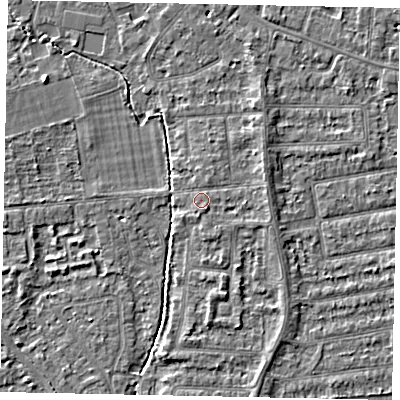 Shaded relief map of the ground around TW182QS, computed from Environment Agency LiDAR. The ground here sits at about 15 m above sea level and falls 3 m across the surrounding 800 m. Surface water reaching this point runs off ground lying to the east-north-east, 1.4 m higher.
