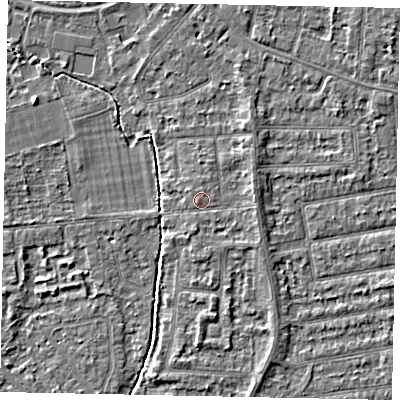 Shaded relief map of the ground around TW182QT, computed from Environment Agency LiDAR. The ground here sits at about 15 m above sea level and falls 3 m across the surrounding 800 m. Surface water reaching this point runs off ground lying to the east-north-east, 1.3 m higher.