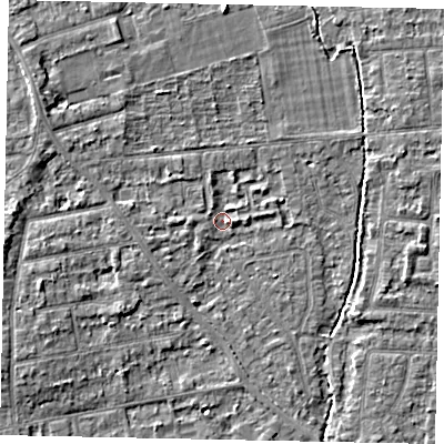 Shaded relief map of the ground around TW182QU, computed from Environment Agency LiDAR. The ground here sits at about 14 m above sea level and falls 4 m across the surrounding 800 m. Surface water reaching this point runs off ground lying to the north-west, 2.6 m higher.