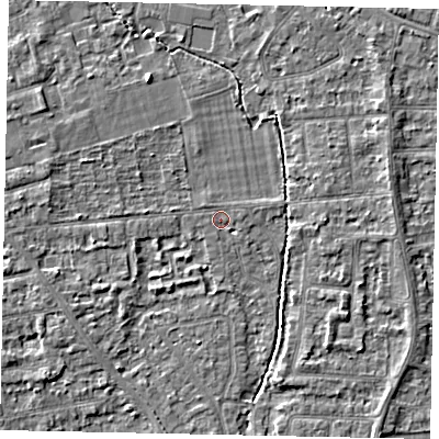 Shaded relief map of the ground around TW182QW, computed from Environment Agency LiDAR. The ground here sits at about 14 m above sea level and falls 3 m across the surrounding 800 m. Surface water reaching this point runs off ground lying to the north-west, 1.0 m higher.