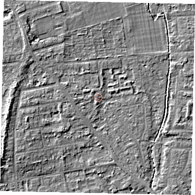 Shaded relief map of the ground around TW182QX, computed from Environment Agency LiDAR. The ground here sits at about 14 m above sea level and falls 5 m across the surrounding 800 m. Surface water reaching this point runs off ground lying to the west-north-west, 1.6 m higher.