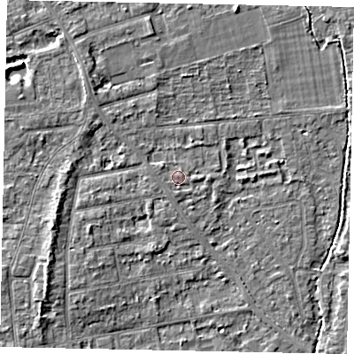 Shaded relief map of the ground around TW182QY, computed from Environment Agency LiDAR. The ground here sits at about 15 m above sea level and falls 5 m across the surrounding 800 m. Surface water reaching this point runs off ground lying to the west, 0.9 m higher.