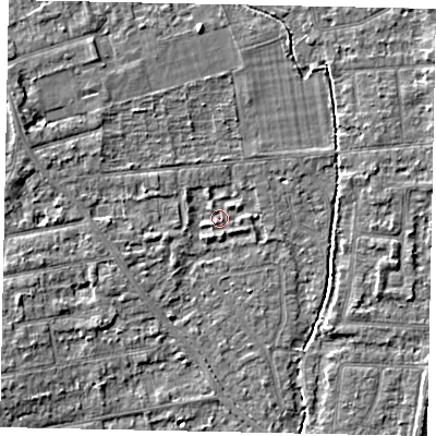 Shaded relief map of the ground around TW182QZ, computed from Environment Agency LiDAR. The ground here sits at about 14 m above sea level and falls 3 m across the surrounding 800 m. Surface water reaching this point runs off ground lying to the west-north-west, 2.6 m higher.
