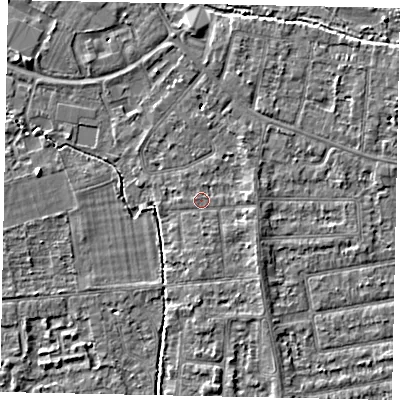 Shaded relief map of the ground around TW182RA, computed from Environment Agency LiDAR. The ground here sits at about 15 m above sea level and falls 3 m across the surrounding 800 m. Surface water reaching this point runs off ground lying to the east-south-east, 1.4 m higher.