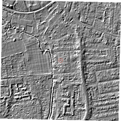 Shaded relief map of the ground around TW182RB, computed from Environment Agency LiDAR. The ground here sits at about 15 m above sea level and falls 3 m across the surrounding 800 m. Surface water reaching this point runs off ground lying to the east-north-east, 0.9 m higher.