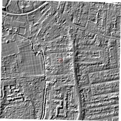 Shaded relief map of the ground around TW182RD, computed from Environment Agency LiDAR. The ground here sits at about 15 m above sea level and falls 3 m across the surrounding 800 m. Surface water reaching this point runs off ground lying to the east, 0.5 m higher.