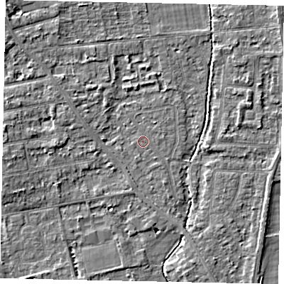 Shaded relief map of the ground around TW182RN, computed from Environment Agency LiDAR. The ground here sits at about 14 m above sea level and falls 4 m across the surrounding 800 m. Surface water reaching this point runs off ground lying to the north-west, 3.2 m higher.