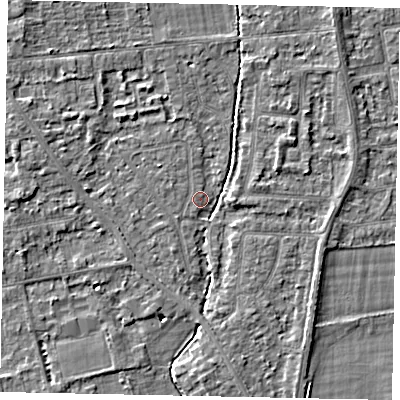 Shaded relief map of the ground around TW182RP, computed from Environment Agency LiDAR. The ground here sits at about 14 m above sea level and falls 4 m across the surrounding 800 m. Surface water reaching this point runs off ground lying to the north-east, 2.8 m higher.