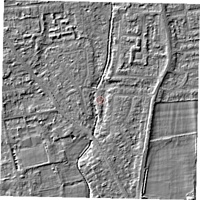 Shaded relief map of the ground around TW182RR, computed from Environment Agency LiDAR. The ground here sits at about 14 m above sea level and falls 4 m across the surrounding 800 m. Surface water reaching this point runs off ground lying to the south-south-east, 2.3 m higher.