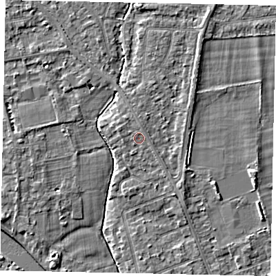 Shaded relief map of the ground around TW182RS, computed from Environment Agency LiDAR. The ground here sits at about 15 m above sea level and falls 4 m across the surrounding 800 m. Surface water reaching this point runs off ground lying to the west-north-west, 0.8 m higher.