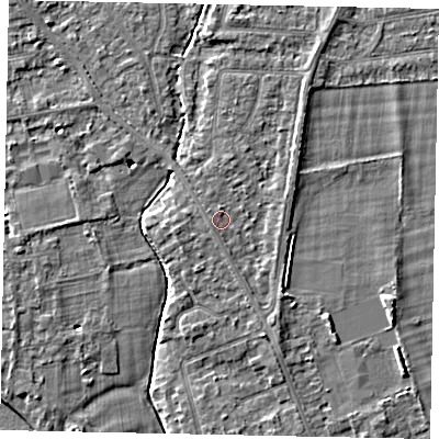 Shaded relief map of the ground around TW182RT, computed from Environment Agency LiDAR. The ground here sits at about 15 m above sea level and falls 4 m across the surrounding 800 m. Surface water reaching this point runs off ground lying to the north-west, 0.7 m higher.
