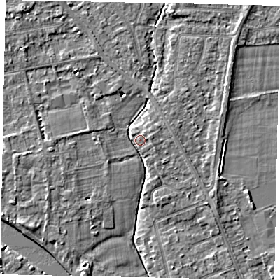 Shaded relief map of the ground around TW182RU, computed from Environment Agency LiDAR. The ground here sits at about 15 m above sea level and falls 4 m across the surrounding 800 m. Surface water reaching this point runs off ground lying to the east-north-east, 3.3 m higher.
