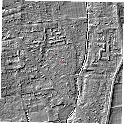 Shaded relief map of the ground around TW182RW, computed from Environment Agency LiDAR. The ground here sits at about 14 m above sea level and falls 4 m across the surrounding 800 m. Surface water reaching this point runs off ground lying to the north-east, 2.8 m higher.