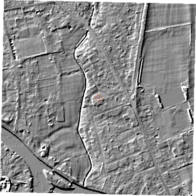 Shaded relief map of the ground around TW182SA, computed from Environment Agency LiDAR. The ground here sits at about 14 m above sea level and falls 4 m across the surrounding 800 m. Surface water reaching this point runs off ground lying to the north-north-west, 1.0 m higher.